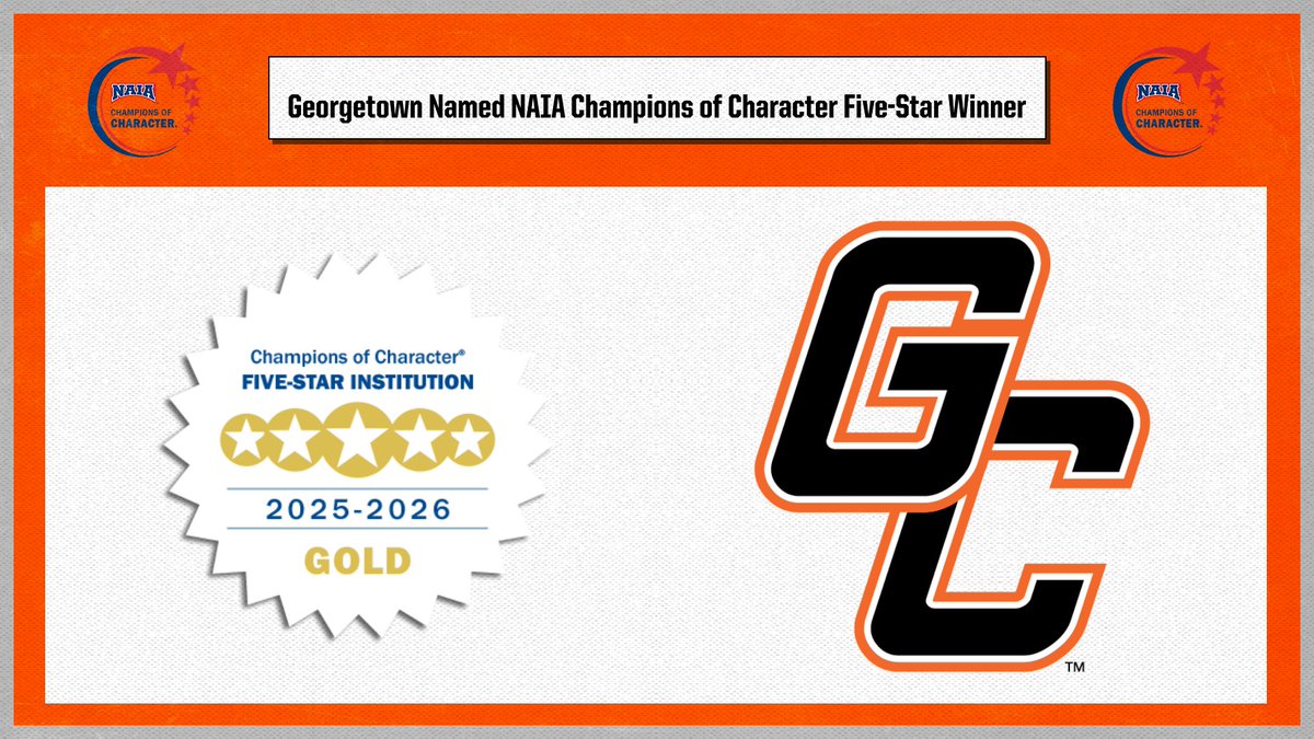 GCAthletics's tweet photo. Georgetown College has earned the NAIA Champions of Character Five-Star Institution Gold Award, receiving a perfect 100-point score!
📰 - https://t.co/KzSrOyFXtQ
#TigerPride https://t.co/7efrUJlYo5