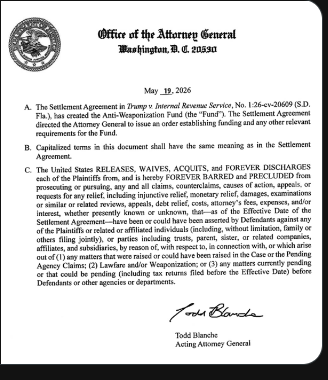 AG_Hays's tweet photo. @JohnCornyn @SenBillCassidy @SenThomTillis
Todd Blanche personally signed a document giving the Trump family immunity for breaking tax law.
And he sticks by it.
He’s loyal to his one client: Donald Trump.
Not US Citizens .
#NotASettlement #SelfDealing #NotLegal https://t.co/a9uwTVvCvF