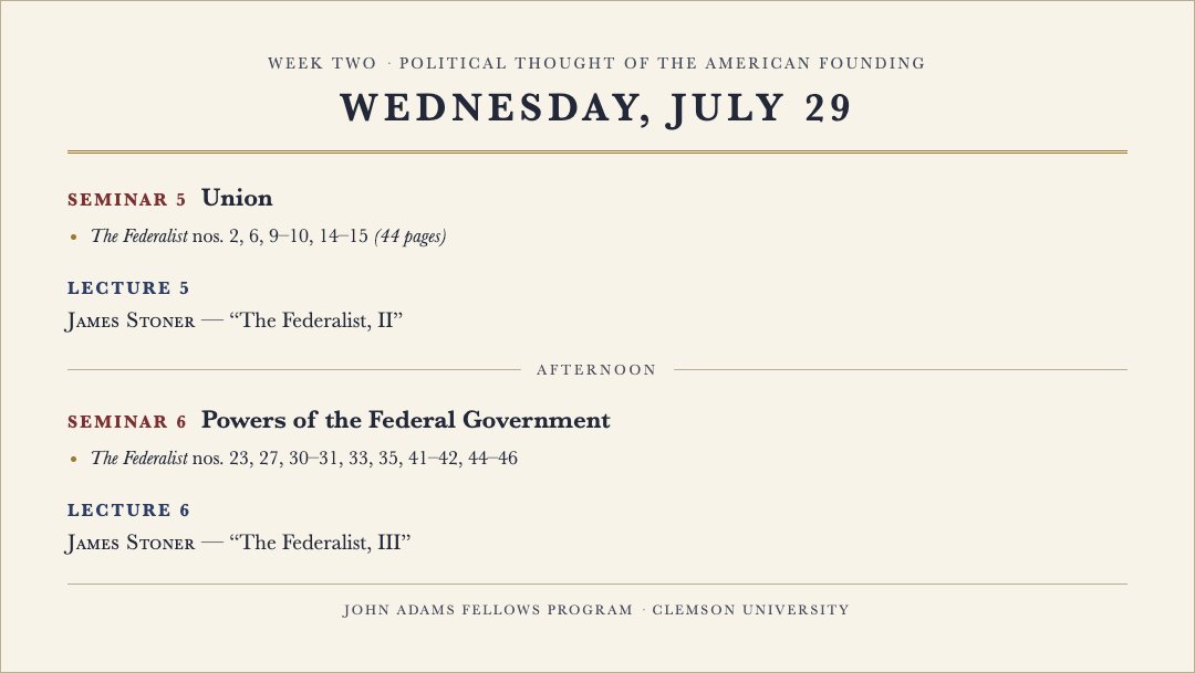 SnowInstitute's tweet photo. Day three of week two has been a smashing success at the John Adams Fellows Program. Below is not only our schedule but a clip of Dr. James Stoner on Federalist 10 and the analogy between liberty and air we breathe. https://t.co/spzKfu88Aa