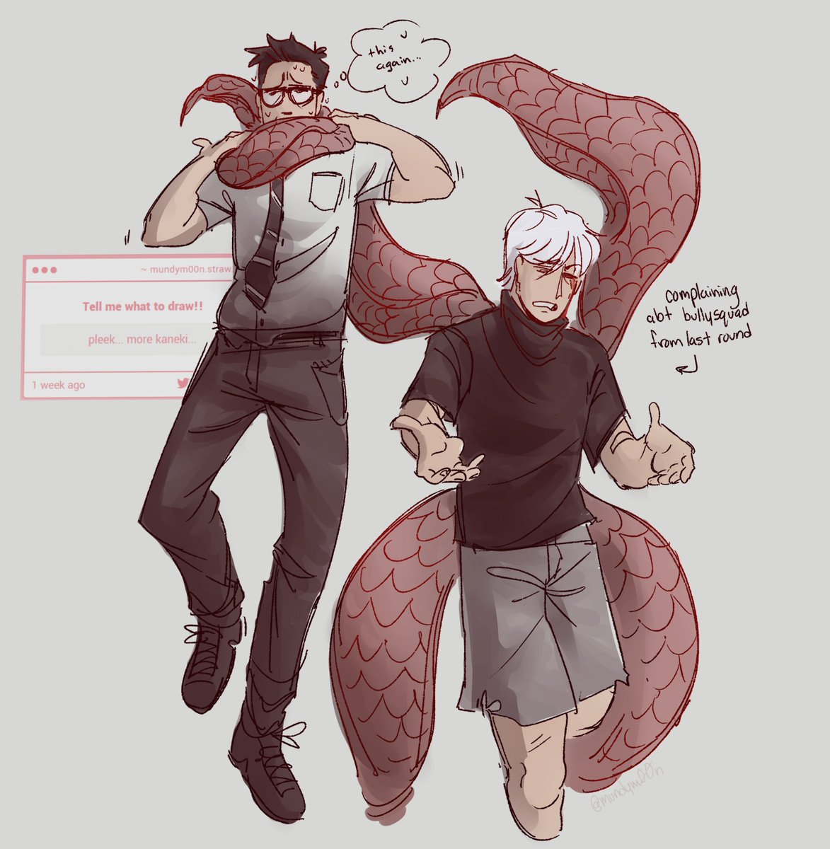mundym00n's tweet photo. ghoul gets shit on by a bullysquad, vents to emotional support survivor #dbd #dwightfairfield #kaneki https://t.co/MQGpbIdHmJ