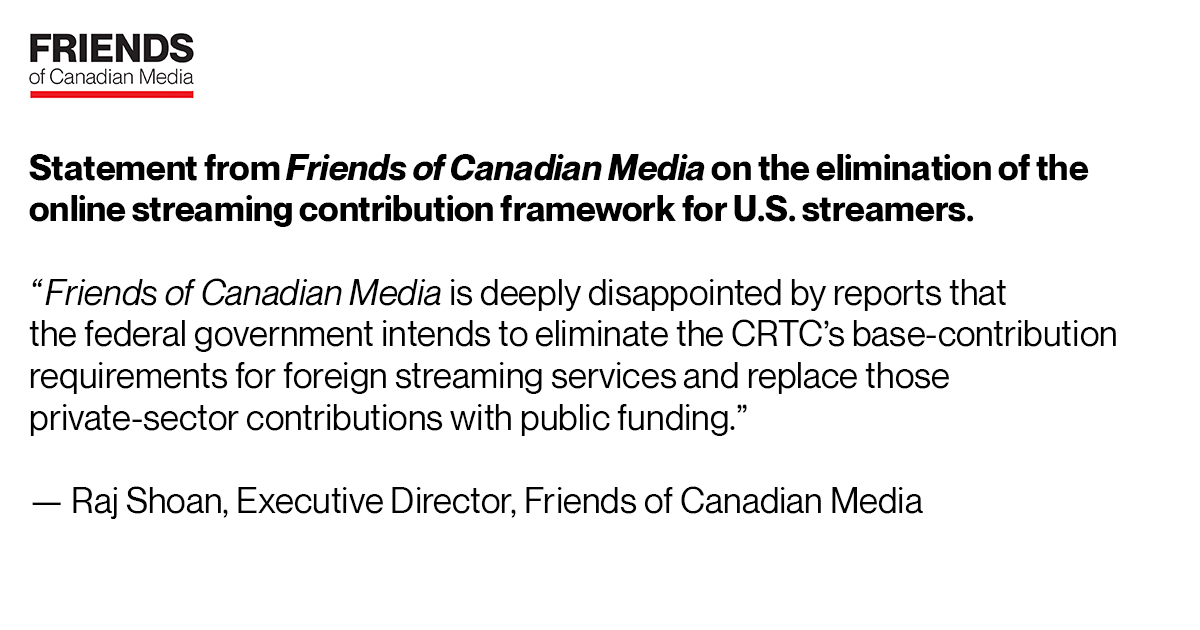 FriendsCndm's tweet photo. Our statement on the elimination of the online streaming contribution framework for U.S. streamers.
Visit our website to read the full statement. 👇
https://t.co/yn4uKzry1D
#MediaPolicy #CanadianMedia #CDNMedia #CRTC #OnlineStreamingAct #CanCon https://t.co/IT86XIPboe