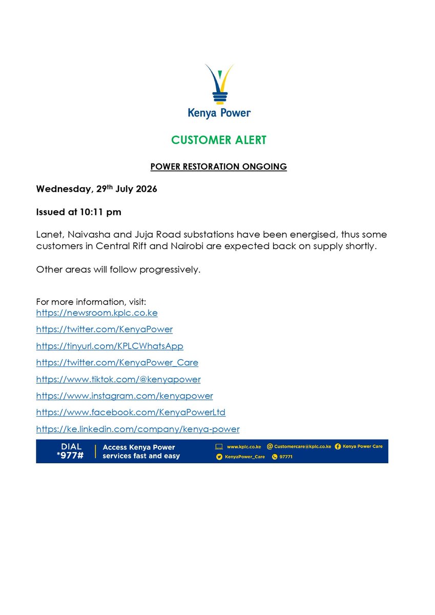 KenyaPower's tweet photo. CUSTOMER ALERT: Power Restoration Ongoing ^OS https://t.co/mcWwRufuhA