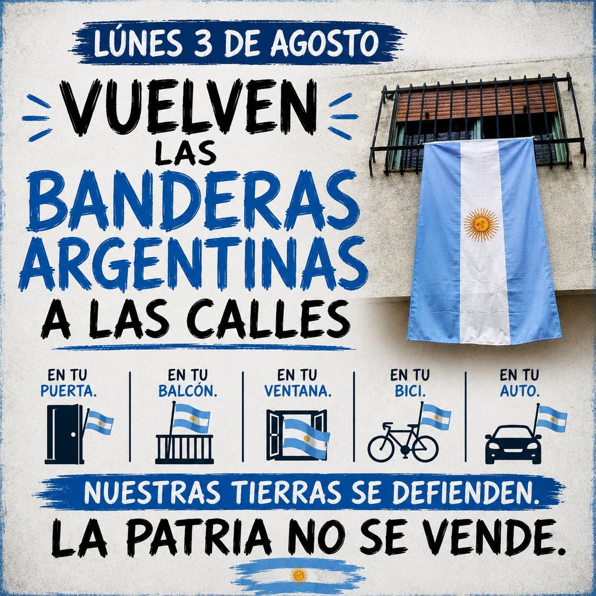 BatmanPeroncho's tweet photo. 🇦🇷 VUELVEN LAS BANDERAS 🇦🇷

📆 Lunes 3 de Agosto.

Las banderas Argentinas vuelven a las calles.
En tu puerta, en tu balcón, en tu ventana, en la bici o en el auto.

El 6 de Agosto en el Congreso NO debe permitirse la venta de Nuestras Tierras. 

#LAPATRIANOSEVENDE #BANDERAZO https://t.co/gD0AAHJ9Io