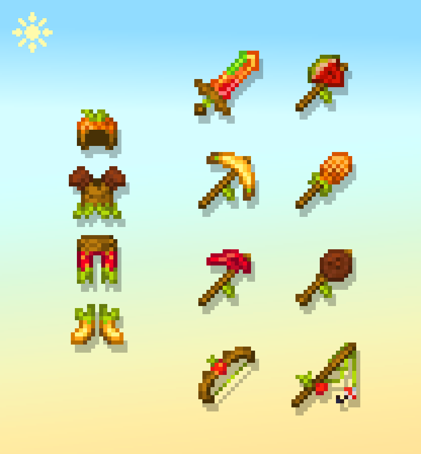onion_samuraii's tweet photo. I made some tropical themed items and armor to fit the☀️Summer season that is currently going on.
Hope you guys like it! Feel free to guess what fruit is what item.

#pixelart #minecraft https://t.co/gK0m4CX3Bi