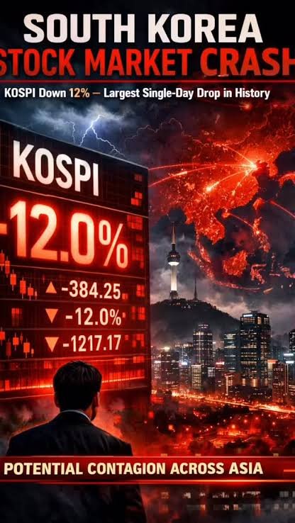 amit_varhade's tweet photo. #KOSPI JUST TRIGGERED ITS 9TH CIRCUIT BREAKER THIS YEAR.
₩760 trillion has been wiped out from South Korean stocks as KOSPI crashes more than 10%
Michael Burry was right all along.
#SouthKorea economy almost collapsed, old golden generation retire, GenZ sank in plastic surgery😆 https://t.co/esLXWuGLDn