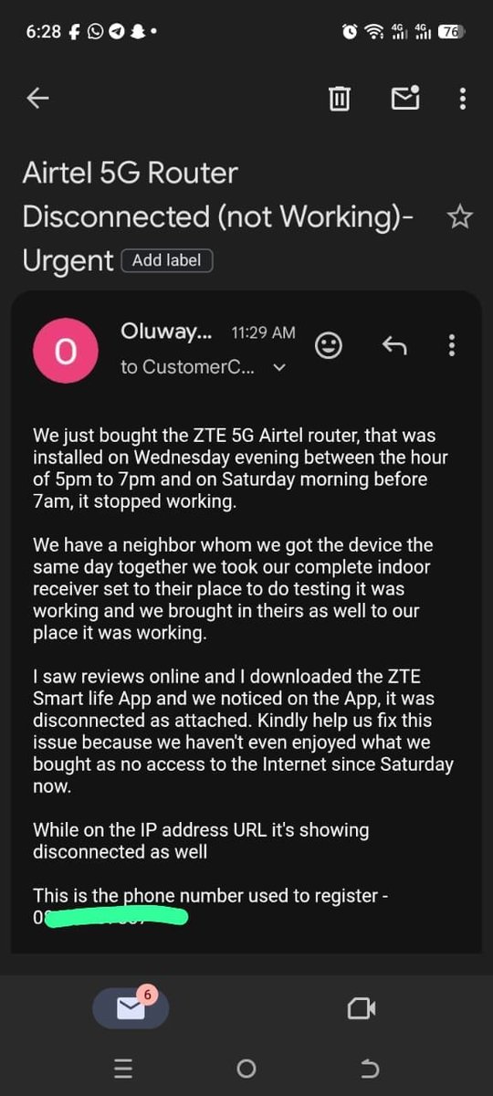 abrahamomojowo's tweet photo. @AirtelNigeria @Airtel_Presence 

Despite sending emails @AirtelNigeria shows how negligence they're not attending to fixing 5G Router which worked for less than 72 hours after purchase I have attached email evidence and complaint message screenshot https://t.co/Ze82jUDzoD
