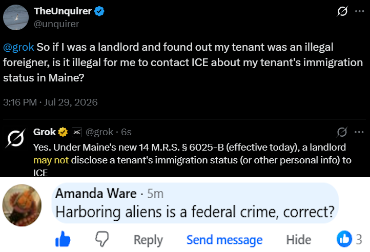 unquirer's tweet photo. New Maine Law Forces Landlords To Harbor Illegal Foreigners &amp; Fines Them If They Contact ICE https://t.co/QIl7ipcdl0