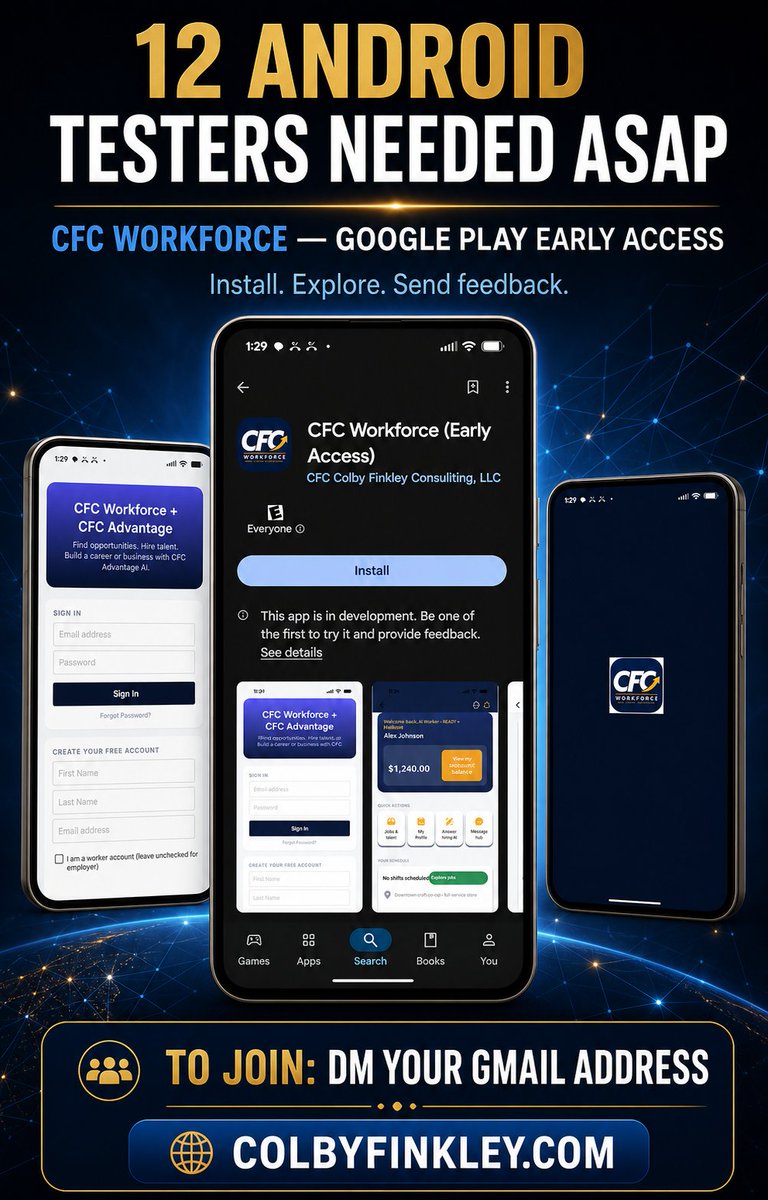 RealSuperSwag's tweet photo. 🚨 12 ANDROID TESTERS NEEDED ASAP!

CFC Workforce is on Google Play Early Access. I need Android users to install, explore and send feedback.

To join, DM the Gmail address connected to Google Play. Do not post it publicly.

https://t.co/4FSLWqXjs8
#CFCWorkforce #AndroidTesters https://t.co/23MeDccrLD