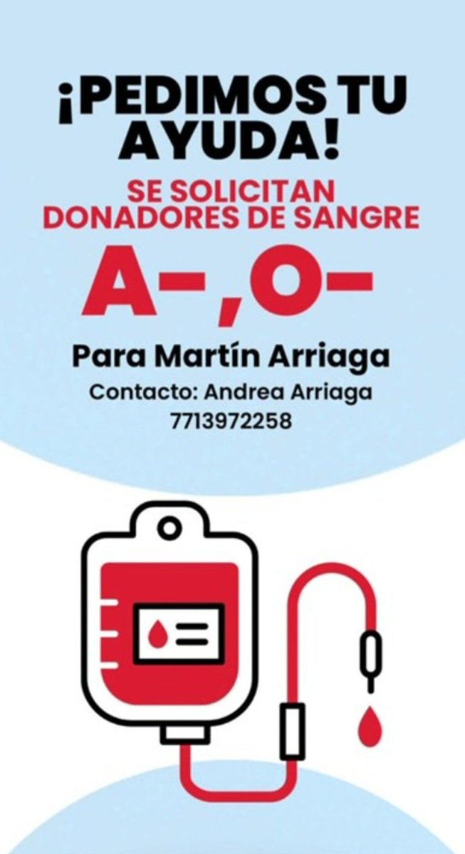 donaenvida's tweet photo. #URGENTE #Pachuca #Sangre tipo A- u O- para Martín Arriaga, en el ISSSTE de Pachuca, ubicado en Carretera México-Pachuca Kilómetro 86.5, colonia ISSSTE, en Pachuca de Soto, Hidalgo.
Contactar al: 771 397 2258 con Andrea Arriaga.

#DonaEnVida https://t.co/mfIuErIYrn