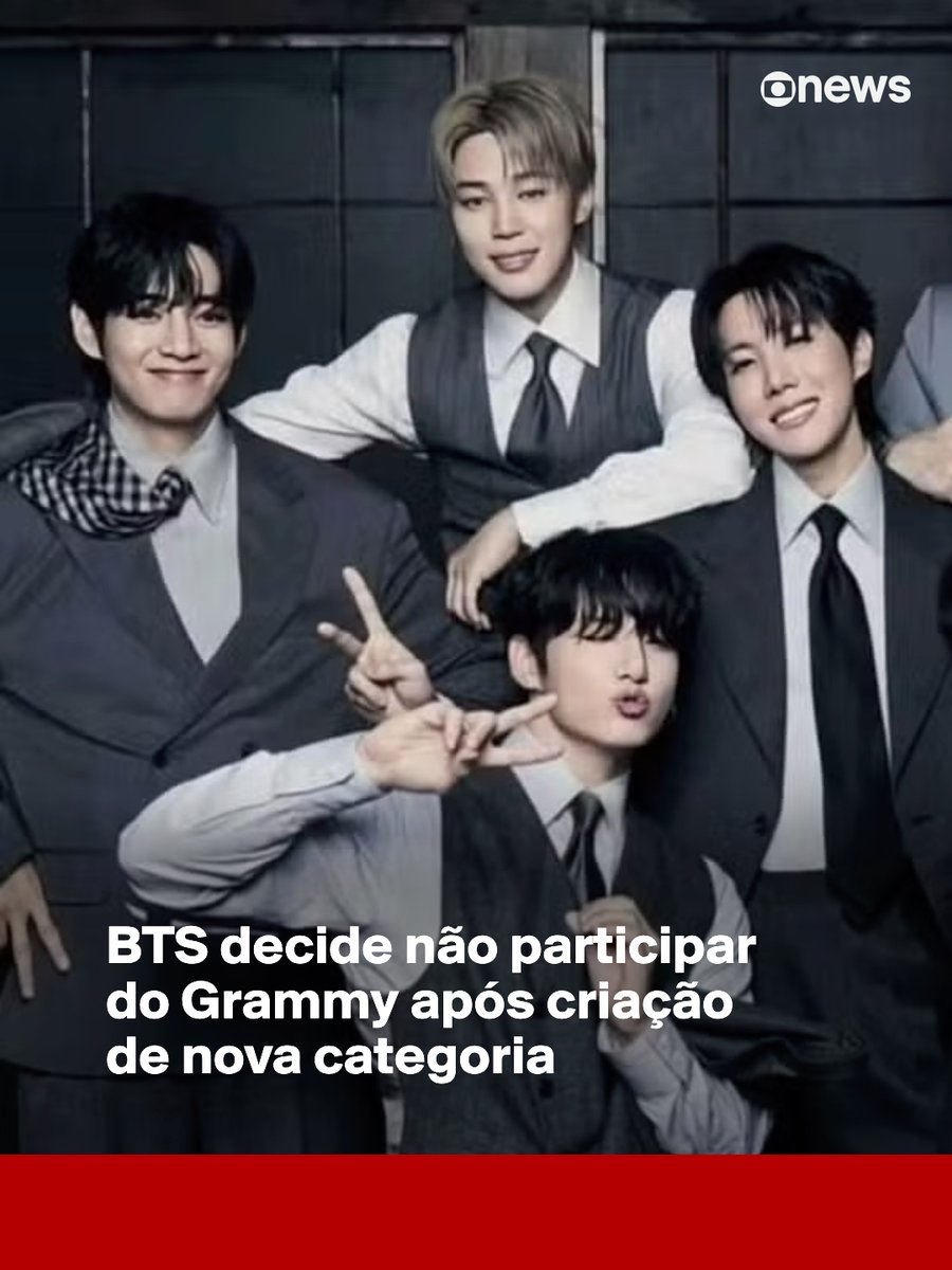 GloboNews's tweet photo. O grupo sul-coreano BTS anunciou que não participará do Grammy 2027 após a criação da categoria "Melhor Performance Pop de Música Asiática". A nova premiação foi anunciada pela Academia do Grammy como parte de uma reformulação do evento. 

Em comunicado divulgado nas redes sociais, os integrantes afirmaram que decidiram não inscrever suas músicas por entenderem que a categoria separa artistas por etnia e origem. “Decidimos não inscrever nossa música no Grammy este ano. Esperamos que a música possa ser ouvida e receber amor por si só, sem ser dividida por região ou idioma. Agradecemos aos ARMYS e a todos que estão sempre conosco”, declarou o grupo nas redes sociais.

➡ Assista: https://t.co/mgnXyoxnmY #GloboNews