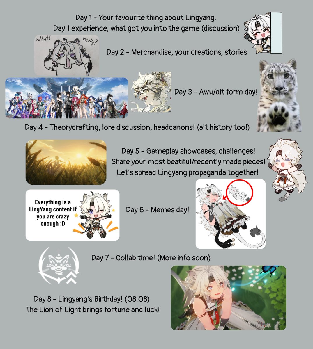 DailyLingyangs's tweet photo. IN CASE YOU FORGOT: LINGYANG WEEK IS JUST A FEW DAYS AWAY!

Explanation of the Collab Day:

I will try my best to get more communities involved in this event (especially on Reddit), but the content is up to you.

Experiment with different teams, take screenshots (especially using the new photo event in WuWa), and post your results in other WuWa-related communities. (For example: a Lingyang–Brant team gameplay showcase)

Create artwork or other content featuring Lingyang alongside characters from other games or fandoms!

Good luck!