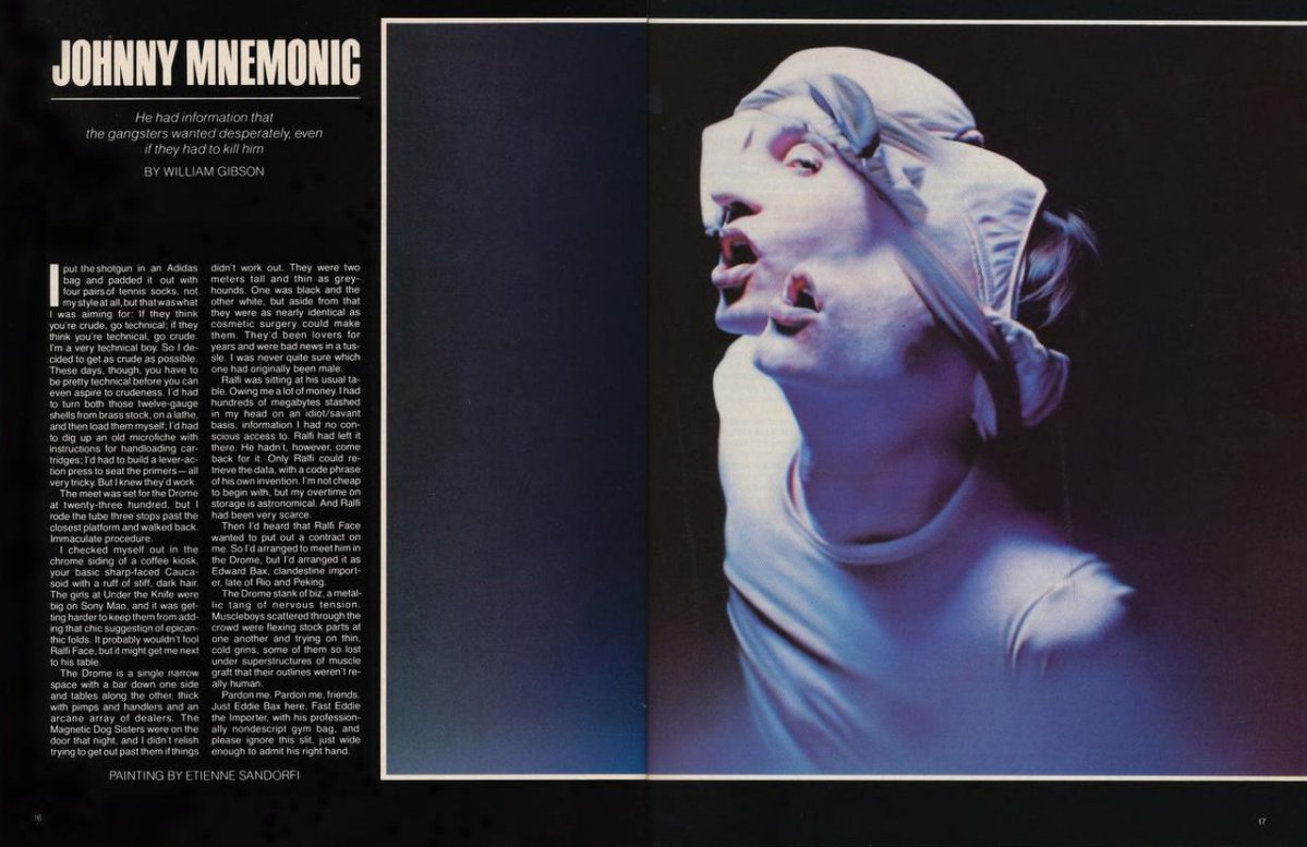 PulpLibrarian's tweet photo. Johnny Mnemonic, by William Gibson. The Best of Omni Science Fiction volume 6, 1983. Art by  Etienne Sandorfi. https://t.co/HxdmLEBt49