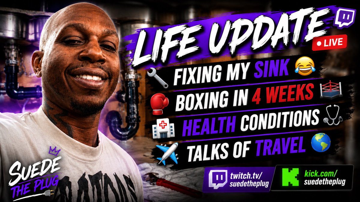 suedetheplug's tweet photo. 🔌Today we’re kicking it LIVE while I handle some real-life business. 🔧 I’m fixing my sink, talking about boxing in 4 weeks 🥊, my health, upcoming travel ✈️, and everything else going on behind the scenes.

🟣 Twitch: https://t.co/3kUa7QoxrA
🟢 Kick: https://t.co/RaZ0I3WvYc https://t.co/pmLzd9Robn