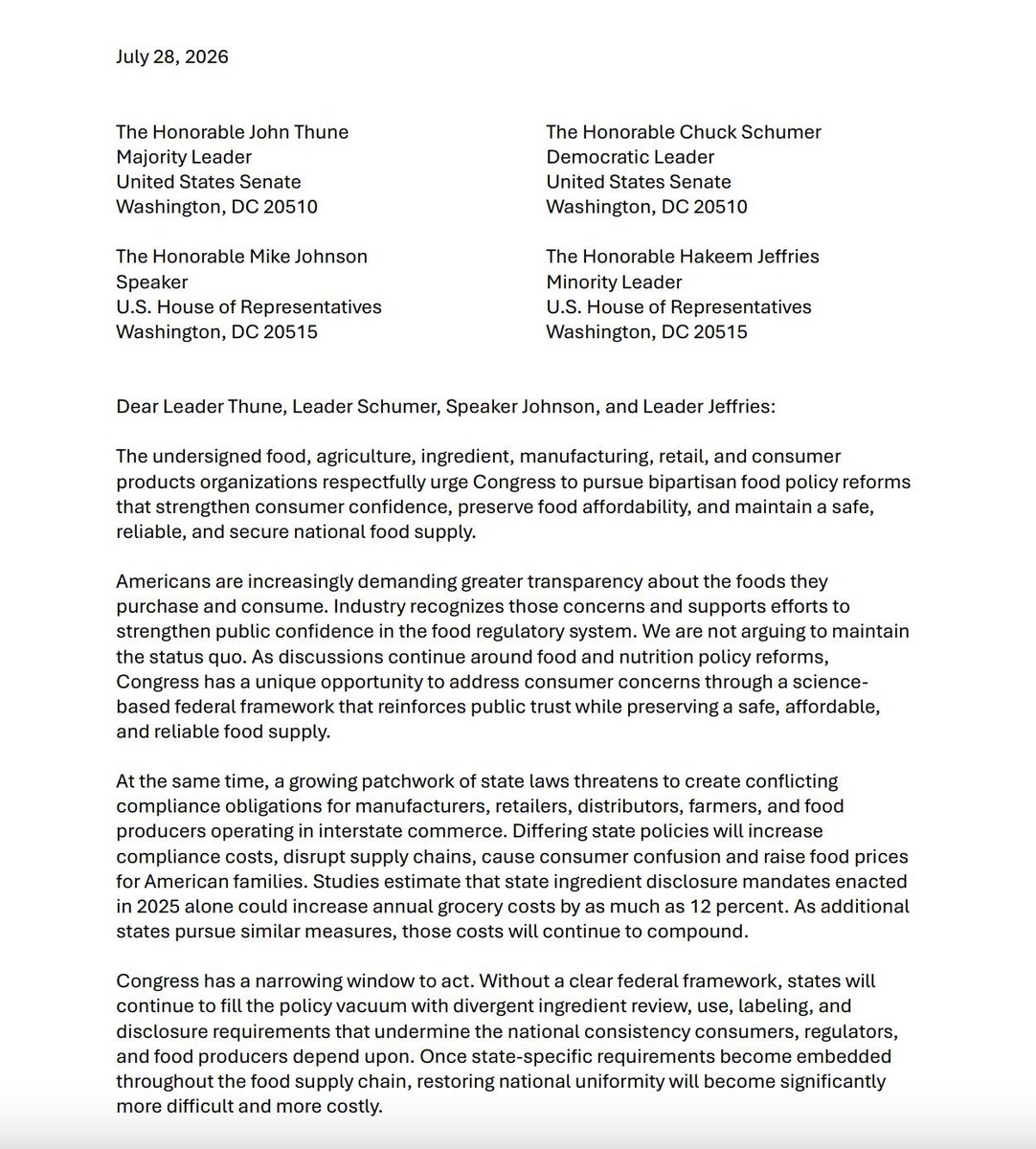 SafeIngredients's tweet photo. AFIT and over 260 allies urge action this year on a uniform national standard in a letter to Congressional Leaders.

Read the full letter: https://t.co/9au1T44hL2 https://t.co/dM0ezdCIqo