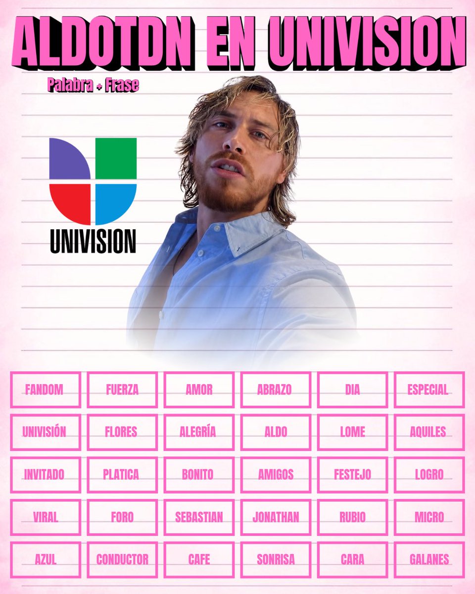 aritamez_'s tweet photo. Alerta Tendencia ‼️🚨

Arrancamos con la tendencia para nuestro @aldotdenigris 🩷✨

🔑Frase Oficial 

ALDOTDN EN UNIVISION 

💬 Comenta la frase + la palabra de la tabla. 

👉🏻 Dar like, RT, no usar HT, emojis.
#AldoTDeNigris #AquilitosViral https://t.co/7gZfdN1Jeb