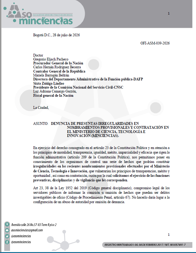 asominciencias's tweet photo. ASOMINCIENCIAS ha presentado denuncia ante los entes de control por PRESUNTAS IRREGULARIDADES EN NOMBRAMIENTOS PROVISIONALES Y CONTRATACIÓN. Conozca el texto completo de la denuncia: https://t.co/BeywnHXGxp. Aquí le contamos la historia 🧵 https://t.co/riI7cEe6xn