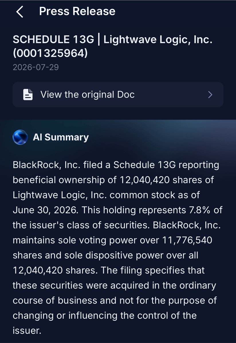 Sofigoodboy's tweet photo. BlackRock filed a Schedule 13G reporting a 7.8% stake (12,040,420 shares) in Lightwave Logic.

$LWLG https://t.co/wG7IuTEko1