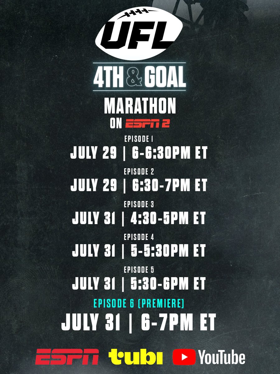 TheUFL's tweet photo. Catch up before the premiere 🍿

The 4th &amp; Goal marathon starts today, with Episode 6 premiering Friday at 6 PM ET on ESPN2 📺 https://t.co/xQPAdzKGv3