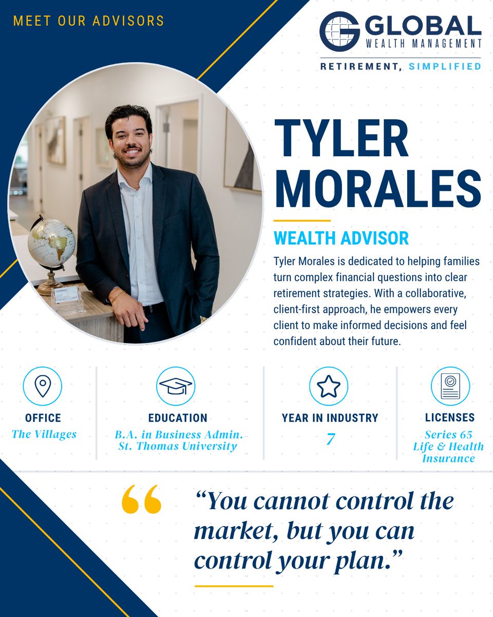 askglobalwealth's tweet photo. Meet Tyler Morales, Wealth Advisor in our The Villages office! Tyler is passionate about helping families simplify retirement planning and make informed financial decisions with confidence

#RetirementPlanning #WealthManagement #MeetTheAdvisor #Florida #TheVillages https://t.co/eZflD8oMtY