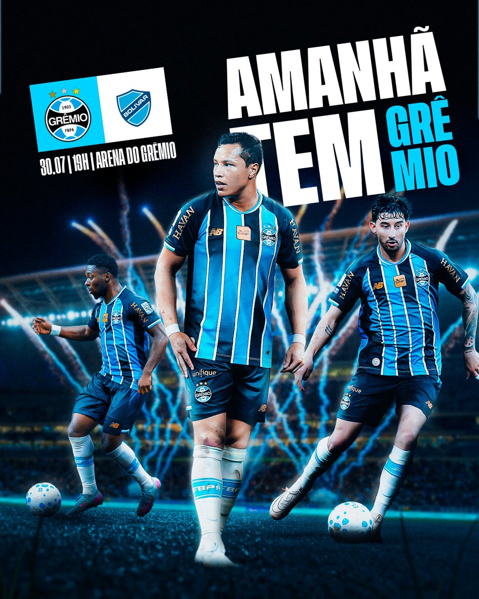 Gremio's tweet photo. AMANHÃ TEM GRÊMIO 🇪🇪💙 É noite de decisão na #SulAmericana2026. É hora de buscar a virada na nossa casa. Para isso, o nosso reforço também vem das arquibancadas. Que a Arena pulse, cante e empurre o Tricolor do primeiro ao último minuto. Juntos, vamos em busca desta classificação! 💪🏾

#GRExBOL