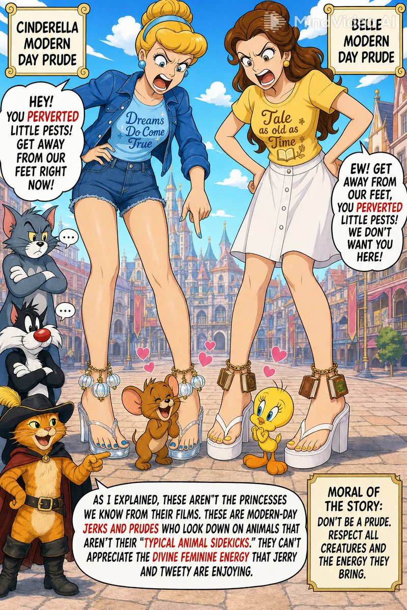 megazero26's tweet photo. Cinderella And Belle are wearing modern clothing are as Jerry Mouse and Tweety Bird are near there feet as the Princesses are pissed off and then Puss in Boots explained that there not there film selves. #Belle #Cinderella #JerryMouse #TweetyBird #PussInBoots #Sylvester #TomCat https://t.co/Z1V7F0Mub2
