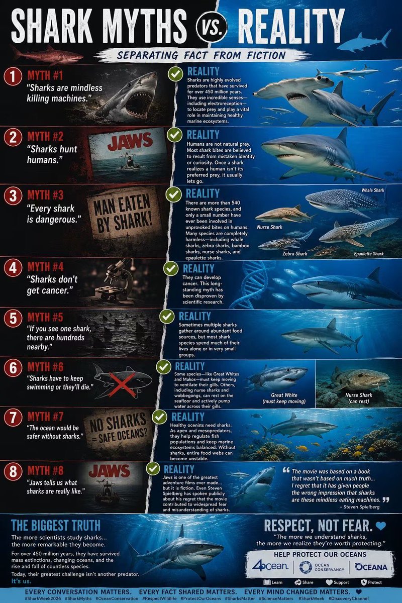 KikiF_7's tweet photo. 🦈 SHARK MYTHS vs. REALITY
Separating Fact from Fiction
#SharkWeek2026 #SharkMyths #OceanConservation #RespectWildlife #ProtectOurOceans #SharksMatter #ScienceMatters #4ocean #Oceana #OceanConservancy #SharkWeek #DiscoveryChannel
https://t.co/5tI8YT22nz https://t.co/Z4qoPqatKw