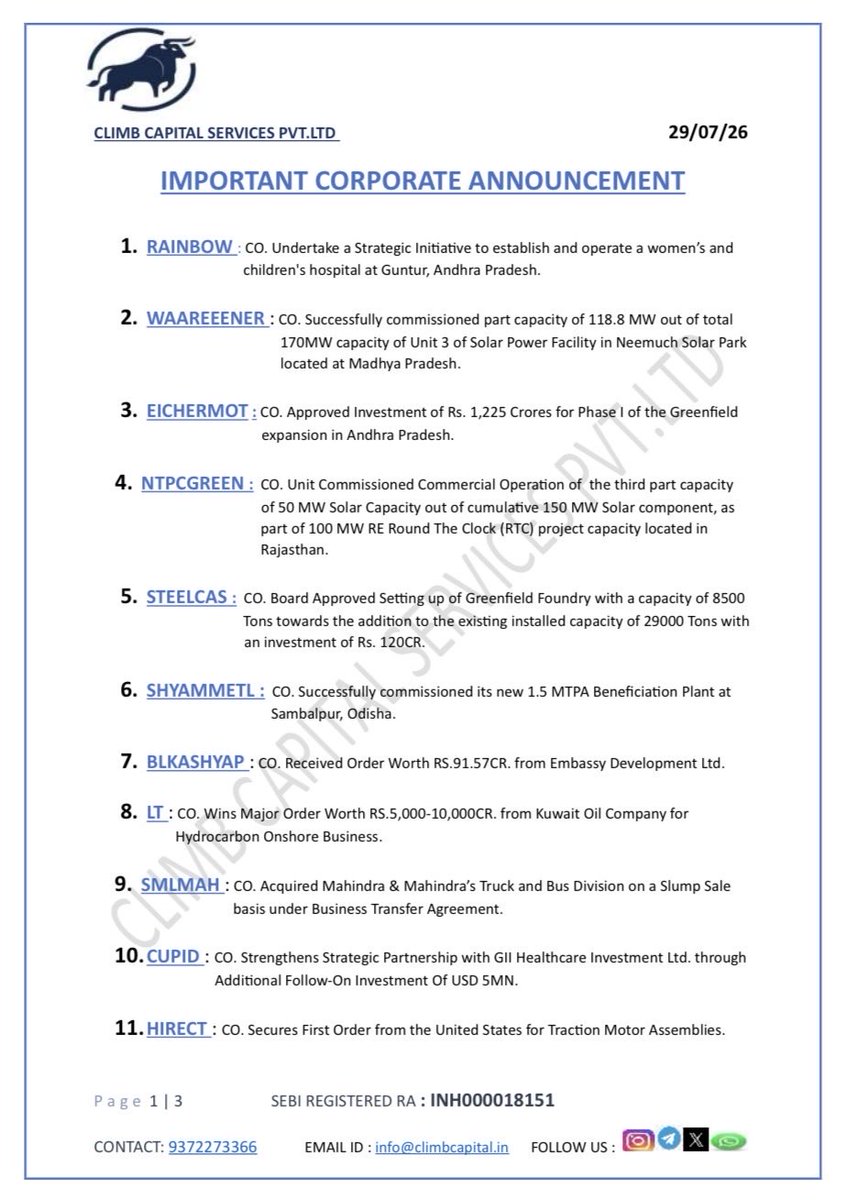 CLIMBCAPITAL9's tweet photo. IMPORTANT CORPORATE ANNOUNCEMENTS OF 29-07-2026 https://t.co/ZeODspozGF