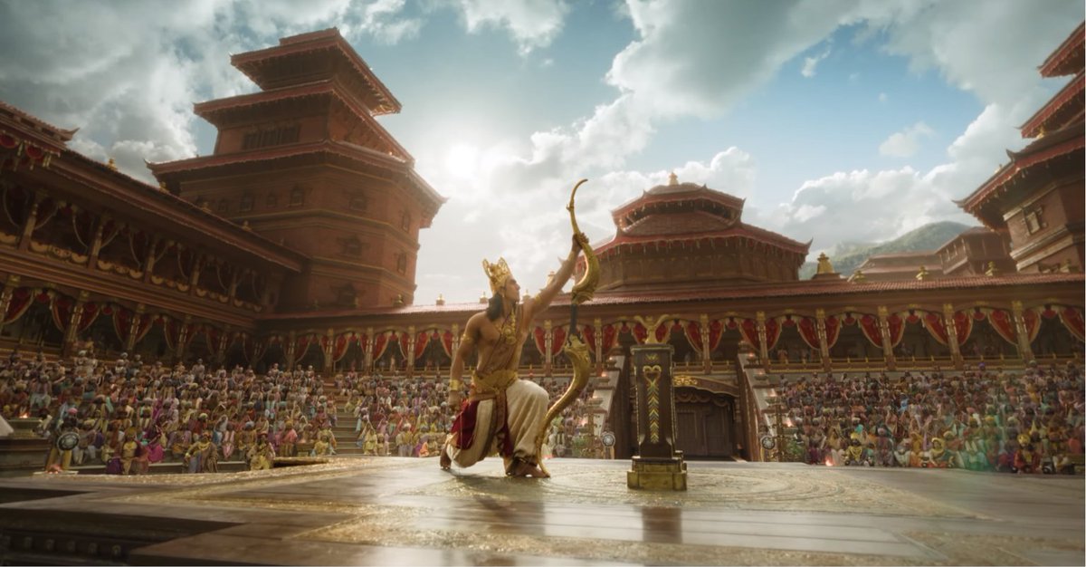 R_filmy's tweet photo. Wait... this is the Swayamvar sequence in Janakpur, right? 🇳🇵

Seeing Nepali architecture brought to life on such a grand scale is absolutely beautiful.

The cultural detailing is on points ❤️‍🔥🙌

#Ramayana https://t.co/c4LNHyOTbm