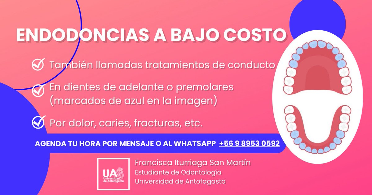 prismcat_'s tweet photo. #antofagasta Hola! Soy estudiante de odontología, busco pacientes que necesiten endodoncia/ tratamiento de conducto en dientes de adelante, por dolor, caries, fracturas, etc.
Es un tratamiento a bajo costo, supervisado por especialistas en endodoncia.
Horas al whatsapp 989530592 https://t.co/QGcwG913nX