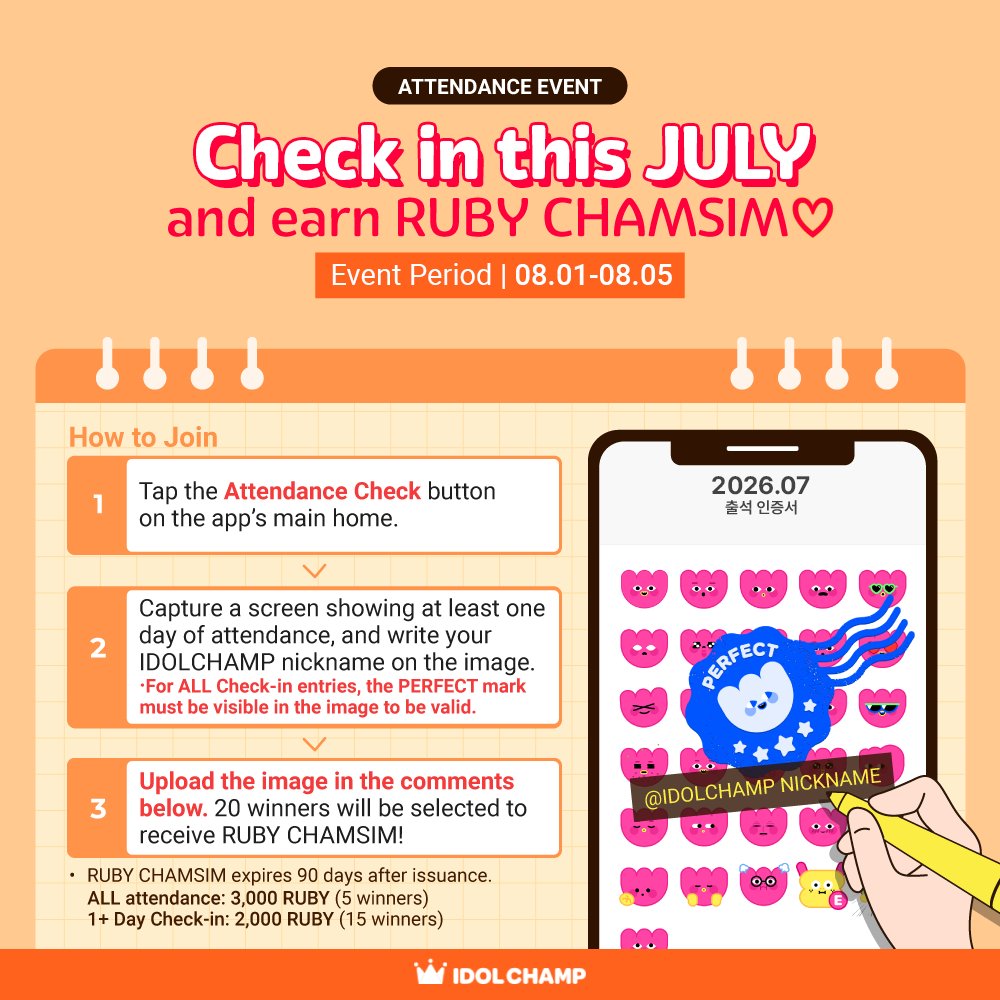 idolchamp1's tweet photo. [#아이돌챔프_출석_이벤트]

📆July Attendance Event
📆7월 출석 인증 이벤트

▶️https://t.co/WNfEuZLQe8
▶️Join the event through the link

7월 한 달 동안 1일 이상 출석한
✨아챔 출첵러✨ come come !

출석 인증서를 링크에 접속해 댓글로 남기면 
20분께 루비 챔심을 드려요 (ღ'ᴗ'ღ) https://t.co/nM0Jsg64Ch