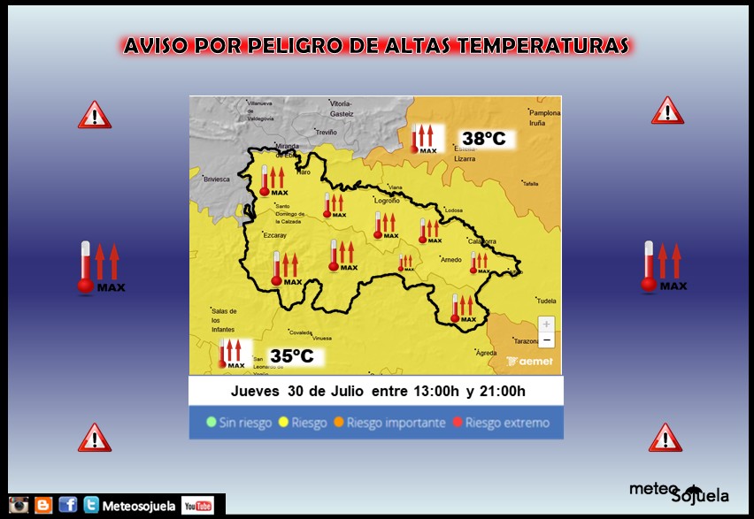 meteosojuela's tweet photo. El #tiempo #hoy en #LaRioja
📆30/07/2026
😇Santa JULITA😇
☀️Hoy  seguiremos pasando 🔥CALOR 🔥pero menos #olacalor
🐪CALIMA por POLVO en SUSPENSIÓN
👉Cielos 🌤️POCO NUBOSOS o DESPEJADOS☀️con
 nubes🌤️ MEDIAS/ALTAS a lo largo del día ,que pueden velar los cielos de forma ocasional, y de 🌤️EVOLUCIÓN por la tarde en la Ibérica, sin descartar alguna⚡️ TORMENTA
☁️Nubes BAJAS al final en el Oeste
🌬️Vientos de SW en montaña y de SE en el valle, rolando a NNW por la tarde
🌡Tªs  en ligero DESCENSO⬇️
⚠️AVISO🟡AMARILLO por🌡⬆️⬆️ALTAS TEMPERATURAS ⚠️
📘+INFO https://t.co/2amMglex1A
📘+INFO https://t.co/yPIzKZ0H6T