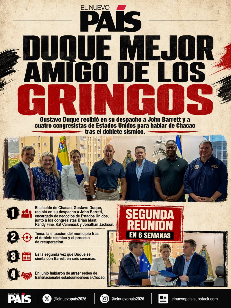 ElNuevoPais2026's tweet photo. Duque, mejor amigo de los gringos

El alcalde de Chacao, Gustavo Duque, recibió en su despacho a John Barrett, encargado de negocios de Estados Unidos, junto a los congresistas Brian Mast, Randy Fine, Kat Cammack y Jonathan Jackson.

Tema: la situación del municipio tras el doblete sísmico y el proceso de recuperación.

Es la segunda vez que Duque se sienta con Barrett en seis semanas. En junio hablaron de atraer sedes de transnacionales estadounidenses a Chacao.