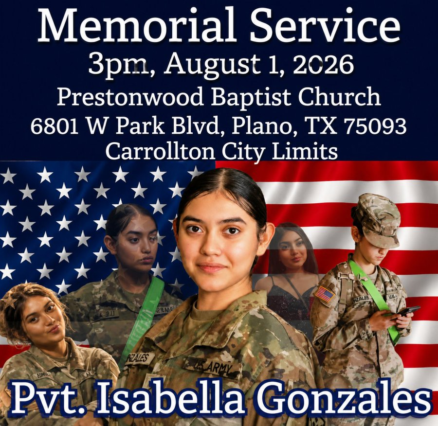 Alice1234ff's tweet photo. This is our time to honor Pvt. Isabella Gonzales. Please join her family, her friends, her community, and United States Army for this service.   Please wear red, white, and blue, or her favorite colors were black and purple.   R.I.P GOD BLESS ISABELLA GONZALES🙏 https://t.co/jaLcZ4jKMG