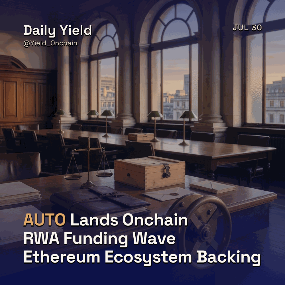 Yield_Onchain's tweet photo. Daily Yield (July 30, 2026)

1/ @kamino
Kamino launches AUTO, first permissionless RWA from $1.68T auto market by Agora Data, Figure Forge and HastraFi on Solana.
https://t.co/ohblb43KZa https://t.co/OYKrQrZN0e