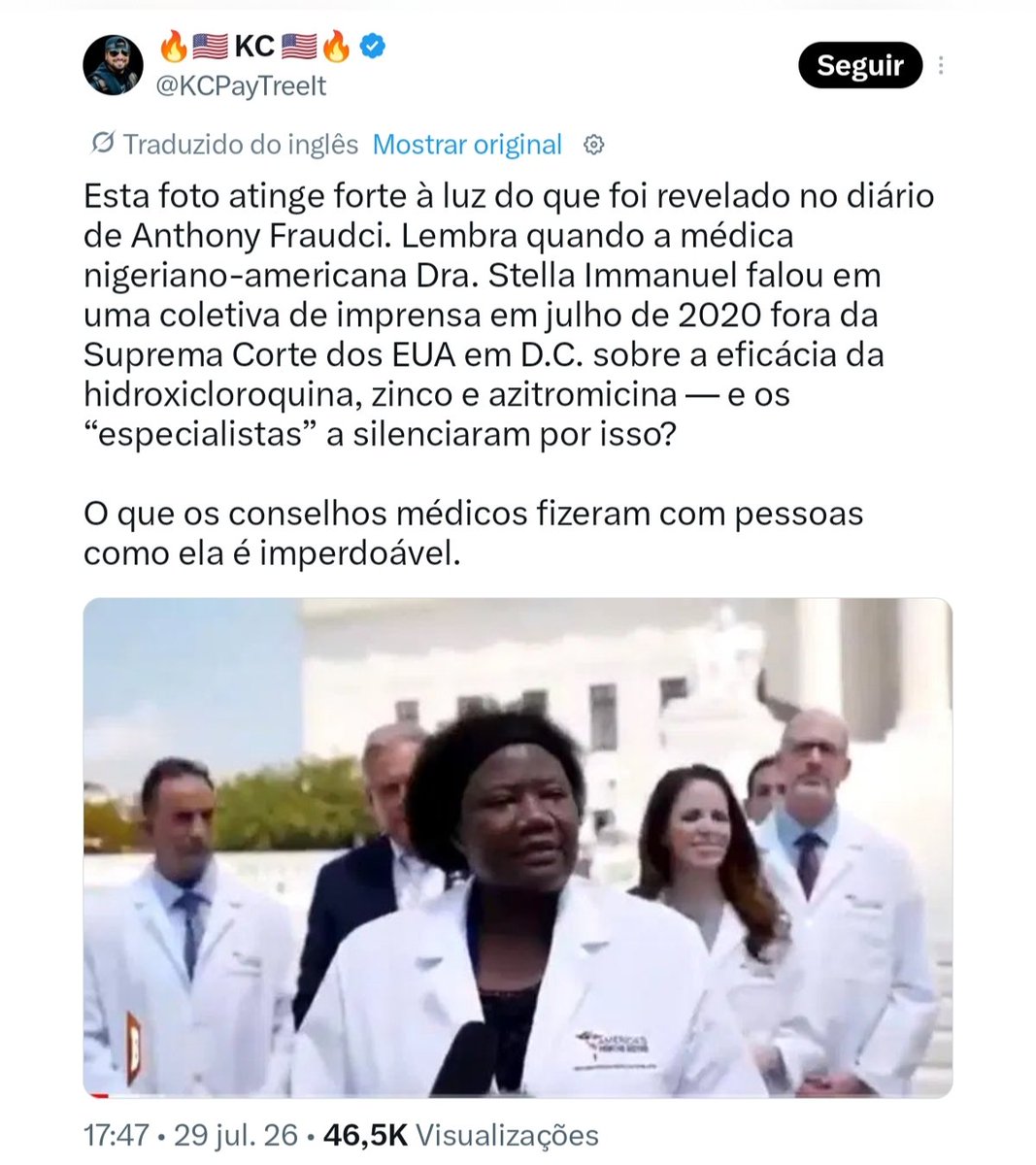 AnnaMonteiroAn1's tweet photo. 🌩

⚠️⚠️⚠️⚠️⚠️ 

Vcs lembram o que fizeram com o Bolsonaro!?😡😡

Esta foto tem um grande impacto, considerando o que foi revelado no diário de Anthony Fraudci. Lembram-se quando a médica nigeriana-americana Dra. Stella Immanuel falou em uma coletiva de imprensa em julho de 2020, em frente à Suprema Corte dos EUA em Washington, D.C., sobre a eficácia da hidroxicloroquina, zinco e azitromicina – e como os "especialistas" a silenciaram por causa disso?

O que os conselhos médicos fizeram com pessoas como ela é imperdoável.

💜💜💜A Dra. Stella é uma heroína