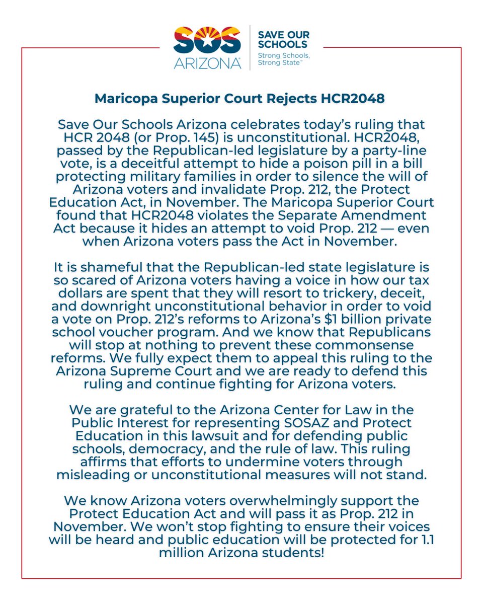 arizona_sos's tweet photo. Read our statement on the Maricopa Superior Court overturning HCR2048 – the deceitful attempt to invalidate Protect Education https://t.co/AbONCkmPCi