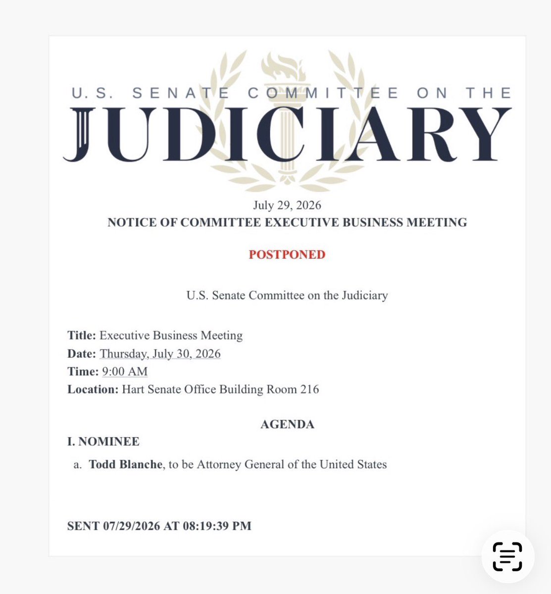 MacFarlaneNews's tweet photo. ALERT:  Senate Judicary Committee postpones tomorrow’s vote on Todd Blanche 

Troubling sign for nomination https://t.co/SWmG67sIFK