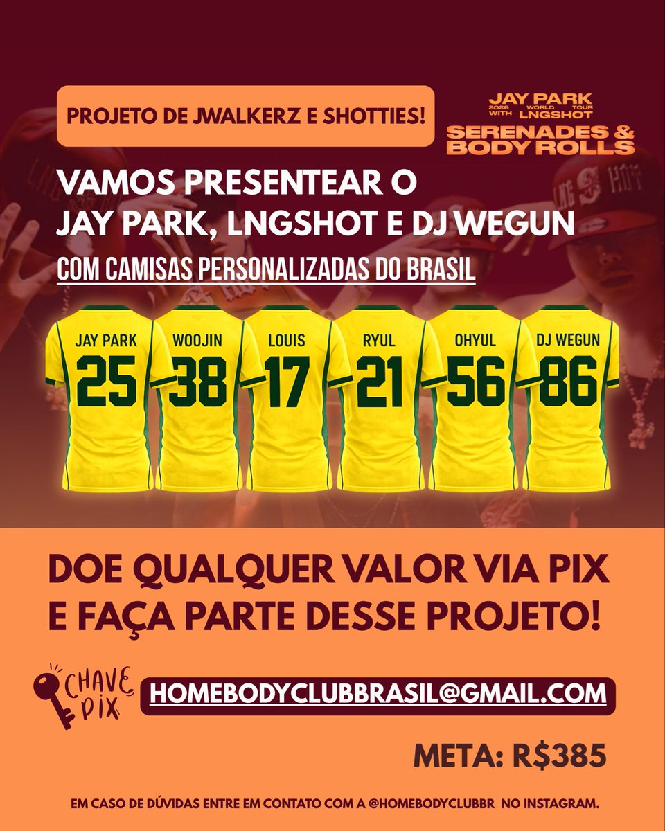 homebodyclubbr's tweet photo. 🇧🇷❤️ JWALKERZ &amp; SHOTTIES, CONTAMOS COM VOCÊS!

Estamos arrecadando *R$385*, o valor que falta para produzir as camisas personalizadas que serão presenteadas ao Jay Park, LNGSHOT e DJ Wegun no show do Brasil.

💚 Qualquer valor ajuda e nos aproxima da nossa meta! + https://t.co/NhiVMVU5Np