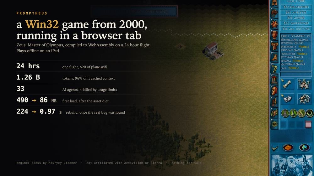 micheal's tweet photo. A fun side project from 40,000 feet on a 15+hr flight

Zeus: Master of Olympus, a game i cherish from my childhood now runs on the browser, on my ipad, fully offline.

- $20 for inflight WIFI
- 33 AI agents (remote). Fable for planning, opus & sonnet for coding
- 1.2B tokens, 96% cached

you can build anything, anywhere
