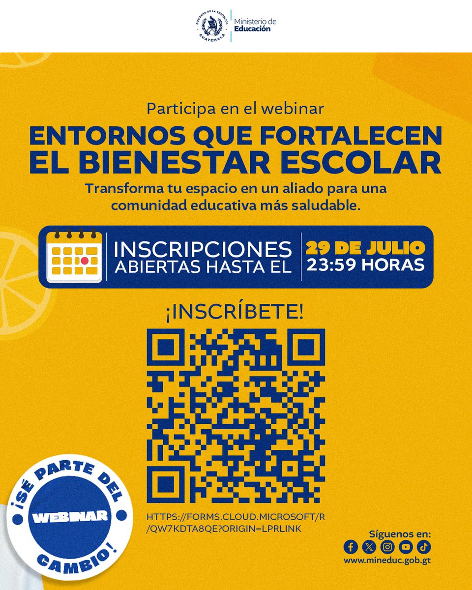MineducGT's tweet photo. ¡Haz tu tienda escolar la más saludable!

Participa al primer webinar: entornos que fortalecen el bienestar escolar, con la doctora Fernanda Kroker-Lobos.
Dirigido a docentes, directores, responsables de tiendas escolares y toda la comunidad educativa.

Inscríbete aquí: https://t.co/gNP2529dXb

#PAEGuatemala
#Mineduc
#ProgramaDeAlimentaciónEscolar
#TiendasEscolares
