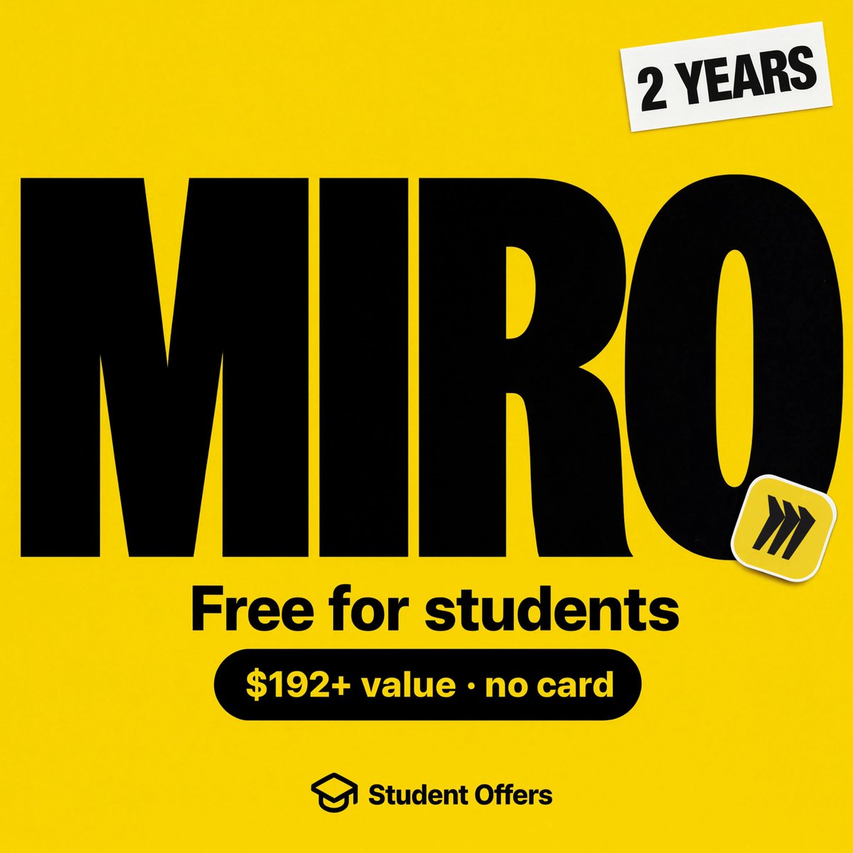 StudentOffersHQ's tweet photo. 2 free years of Miro. $192+ total value. No card.

One canvas for everything: sticky-note brainstorms, flowcharts, timelines, kanban, docs, images, slide decks. All on the same board.

Students get the $8/mo Starter plan free, plus perks Starter doesn't get:

→ Unlimited boards + private boards (Free plan: 3, all public)
→ 100 AI credits/mo, 10x the Free plan. Generate diagrams, images, docs and full decks from a prompt, or turn a messy brainstorm into clean notes
→ Pick your model in Flows (5 runs/mo): Claude Fable 5, Sonnet 4.6, Opus 4.8, GPT-5.5, Nano Banana for images. Per task.
→7,000+ Miroverse templates (ERDs, roadmaps, mood boards, retros, pitch decks) + 250+ app integrations

Building something? Your whole team of 10 works the same board, and visitors can edit via link.

Official MCP server too, and it works on the edu plan (we tested it). Connect Claude Code, Cursor, Lovable or Copilot and your agent reads and builds boards from your IDE.

To claim:
1. Fill Miro's education form with your school email (*.edu, *.k12, or your uni's domain)
2. Proof must be a public link, not an upload. Put your student ID on Drive, paste the URL
3. Miro reviews manually. Official window is 10 days, ours took under an hour. Check your email: set a password and you're in.

Renewable: reapply with fresh proof before the 2 years end and you get 2 more.