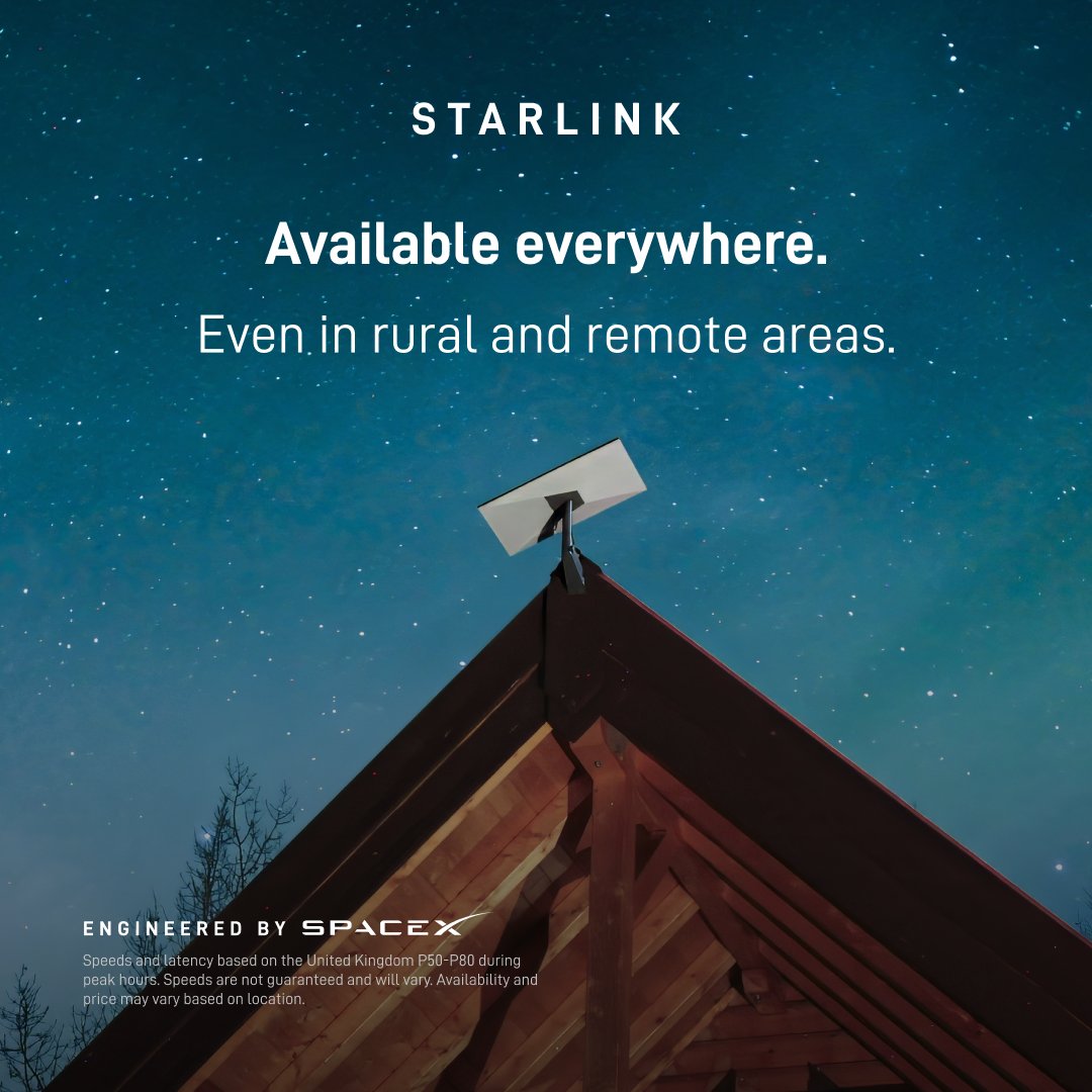 Starlink's tweet photo. Get fast, reliable home internet for seamless streaming, working from home, gaming, and more across multiple devices.

Residential service starting at £40/mo. 

Order online in minutes.