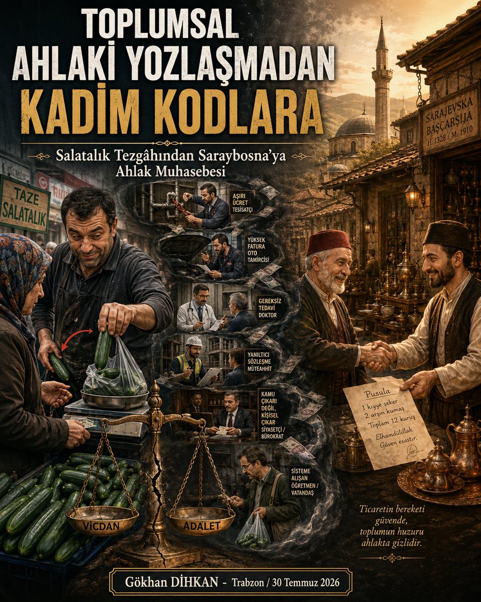 dihkan61's tweet photo. ✳️ Toplumsal Ahlaki Yozlaşmadan Kadim Kodlara: Salatalık Tezgahından Saraybosna’ya Ahlak Muhasebesi

Gökhan DİHKAN - Trabzon / 30 Temmuz 2026

Toplumsal ahlakın yıpranması ve günlük yaşamda karşılaştığımız ahlaki çöküş, bugün münferit olaylar olmaktan çıkıp kolektif bir krize dönüşmüş durumdadır. Serdar Tuncer’in sunuculuğunu yaptığı ve Profesör Dr. Ebubekir Sifil’in konuk olduğu ve 'Osmanlı'dan Cumhuriyet'e geçerken Müslümanlar neyi kaybetti?' konusu üzerine gerçekleşen söyleşi, Türkiye toplumunun geçirdiği bu derin zihniyet ve ahlak değişimini açık bir şekilde gözler önüne sermektedir.

Salatalık Tezgahında "Cacığa Dönen" Ahlakımız

Serdar Tuncer, toplumdaki bu yaygın ahlaki yozlaşmayı anlatırken sosyal medyada ve haberlerde rastlanan somut bir "salatalık örneği" üzerinden konuyu açar. Tuncer, bir pazarcı tezgahında yaşanan aldatmacayı ve bu aldatmacanın tüm topluma yayılan zincirleme reaksiyonunu şu kelimelerle aktarır:

"Mevzu şudur... Bir pazarcı tezgahı. Salatalık satan bir arkadaş, karşısında müşterisi hanım abla. Tek tek o salatalıkları seçiyor ve poşete doldurup tartması için pazarcıya uzatıyor. Pazarcı... ablanın aldığı salatalıkları bir köşeye ayırıp terazinin kefesine doldurduğu başka salatalıkları tartıp poşete koyup ablanın salatalığı gibi gerisin geriye veriyor hanım ablaya."

Tuncer, bu haksız kazancın ve hilenin pazarcının hanesinde durmadığını, tüm topluma yayılan zehirli bir döngüye dönüştüğünü vurgular. Pazarcı, müşteriyi kandırarak kazandığı o parayı evine götürür; ancak iki gün sonra evde çamaşır makinesi bozulur ve tesisatçı çağırırlar. Tesisatçı, basit iki kabloyu değiştirerek halledeceği iş için "bunun servise gitmesi lazım" diyerek pazarcıdan haksız kazanç elde eder. Tesisatçının aldığı bu haram parayla arabası bozulur, oto sanayiye gider; oto sanayide "1000 liraya hallolacak işi 10 bin liraya tamamlar". Sanayi ustası hasta olup doktora gider; doktor sırf hastaneye ve kendisine gelir sağlamak adına lüzumsuz ameliyatlar önerir. O doktor topraktan inşaata girmek istediğinde müteahhit tarafından dolandırılır. Müteahhit gidip bürokratı veya milletvekilini kandırır, o para öğretmene geçer ve en nihayetinde öğretmen dönüp yine aynı pazara gelir.

Serdar Tuncer toplumun içine düştüğü bu illüzyonu şu çarpıcı sözlerle teşhis etmektedir:

"Böyle bir millet-i necibenin total ahlaksızlık problemi var. Sanki böyle elde edilen bir para var, 85 milyonun arasında dolaşıp duruyor... Salatalık tezgahında cacığa dönen ahlakımızla bu iş nereden doğdu diye bir gündem edelim dedik... Biz ne zaman böyle olduk? Böyle olmaktan nasıl kurtuluruz? Bu iş nerede düzelir?"

Bir Asır Öncesinin Saraybosna’sından Bugüne: İnkârı Bilmeyen Toplum

Bu yakıcı soruya yanıt arayan Profesör Dr. Ebubekir Sifil, konunun sadece bireysel bir terbiye eksikliği değil, köklü bir kültür kaybı olduğunu belirtir: "Cemil Meriç diyor ya Araftayız diye, biz Arafta bir toplumuz. Ben bu mesele üzerine düşündüğüm her anda bunun bir din meselesi olmadığını, bunun bir kültür meselesi olduğunu düşünürüm. Bunu kültüre dönüştüremedik ya da kültüre dönüştürmüştük biz bunu da daha sonra bir erozyona uğradık biz."

Ebubekir Sifil, aynı coğrafyanın ve aynı milletin yalnızca bir asır öncesinde sahip olduğu yüksek ahlaki hassasiyet ile günümüzdeki çöküş arasındaki ürkütücü makası göstermek adına Ahmet Cevdet Paşa’nın Tezakir isimli eserinden tarihi bir vaka nakleder. 1910 Balkan Savaşı öncesinde Saraybosna’da görevli olan Ahmet Cevdet Paşa’nın yanına, Osmanlı’nın orada yeni açtığı Ticaret Mahkemesi çalışanları gelir ve mahkemenin kapatılmasını talep ederler. Mahkeme çalışanlarının gerekçesi oldukça sarsıcıdır:

"Efendim biz yaklaşık üç senedir buradayız, Ticaret Mahkemesi çalışanları olarak. Sizden talebimiz bu mahkemeyi kapatın. Biz haram para yemek istemiyoruz, çoluk çocuğumuza haram para yedirmek istemiyoruz. Bu mahkeme açıldı açılalı sadece birkaç gayrimüslimin işine baktık. Onun dışında biz sabahtan akşama kadar oturuyoruz. Gelen yok, giden yok, dava yok, davacı, davalı yok. Bizim kazandığımız para haram, lütfedin burayı kapatın biz de başka bir yere görevlendirilelim."

Ahmet Cevdet Paşa bu durumu araştırmak üzere Saraybosna esnafından Melhemik Mehmet Ağa adındaki bir toptancıya giderek ticaretlerini nasıl yürüttüklerini sorar. Toptancı Mehmet Ağa, Osmanlı esnaf ahlakını şu sözlerle ifade eder:

"Biz burada perakendeci esnaflar birbirimizi çok iyi biliriz. Kimin neye ihtiyacı varsa gelir bize, ihtiyacını söyler. Hamallar alırlar eşyalarını arabasına yüklerler. İki sıra pusula yazarız. Biri onda biri bizde kalır. Adam alır götürür malları."

Paşa'nın "Senet menet?" sorusuna Mehmet Ağa, "Biz öyle şey bilmeyiz, adet olmamıştır" cevabını verir. Paşa, "Peki adam gitse, götürdüğü malı inkâr etse ne yaparsınız?" diye sorduğunda toptancının verdiği yanıt, o dönemin zihniyet kodlarını özetler: "İnsan vereceğini, borcunu inkâr eder mi?" Adam öldüğü takdirde ise yazılan o küçük pusulanın müteveffanın terekesinden çıkacağını ve varislerinin ya malı ya da bedelini getireceğini ekler.

Prof. Dr. Ebubekir Sifil’in bu tarihi olayın ardından dile getirdiği şu tespiti, kaybımızın büyüklüğünü kanıtlar niteliktedir: "Bir asır geçti üstünden. Bir asır... Buradan buraya geldik... Niye böyle olduk? Çünkü biz ahlakı kaybettik. O ahlak dediğimiz şey hayata kültür olarak yansıyor." Aynı coğrafya, sadece 100 yıl gibi kısa bir süre içerisinde ahlaki hassasiyetlerimizi ve güvene dayalı toplumsal dokumuzu neredeyse tamamen kaybettik.

Tanzimat’tan Cumhuriyet’e Bağların Kopuşu ve İslami Değerler Yıkımı

Aynı coğrafya insanının bir yüzyıl içinde böylesine radikal bir ahlaki kırılma yaşaması tesadüfi değildir. Prof. Dr. Ebubekir Sifil’in de altını çizdiği üzere, bu çözülme Tanzimat ile başlamış, Cumhuriyet dönemiyle birlikte nihai boyutuna ulaşmıştır:

"Tanzimat’la birlikte başlayan bir çözülme süreci var malum. Cumhuriyet devrimleri de doğrusu buna tüy dikti. Yani bir şeyi yerinden ettik. Bir şeyi kazıdık. Bireyin ve toplumun hayatından çıkarttık attık. Fakat yerine başka bir şey, kayda değer başka bir şey ikame edemedik. Orada yaşanan bir yozlaşma var."

Cumhuriyet dönemi uygulamaları ve modernleşme sancılarıyla birlikte, ülke insanının yüzyıllardır ruhunu, adalet anlayışını ve helal-haram ölçüsünü şekillendiren İslami değerler manzumesi ile bağı koparılmıştır. Toplumu ayakta tutan kadim İslami değerler kamusal ve bireysel alandan sökülüp atılmış; ancak oluşan bu muazzam manevi boşluğun yerine toplumu bir arada tutacak ve ahlakı teminat altına alacak nitelikte bir ikame konulamamıştır. İslami değerler manzumesinden ve kendi medeniyet köklerinden koparılan toplumda derin bir ahlaki zafiyet ortaya çıkmıştır. Kanunlar artmış fakat vicdan, kul hakkı korkusu ve utanma duygusu zayıfladığı için sahtekarlık günlük yaşamın sıradan bir parçası haline gelmiştir.

Bireysel Muhasebe ve Eski Kodlara Dönüş

Toplumu kuşatan bu ahlaki bunalımdan ve "cacığa dönen" çürük ahlaki yapımızdan kurtulmak, Ebubekir Sifil’in belirttiği gibi "Protestan rahipler gibi sürekli şikâyet etmek" ile mümkün değildir; asıl mesele teşhisi koyup tedaviye odaklanabilmektir.

Düzelme, harici mucizeler beklemek yerine, bizim tek tek kendimizi muhasebeye çekmemizden ve cesur bir özeleştiri yapmamızdan geçmektedir. Her birey kendi terazisine, kendi işine, kendi kazancına çeki düzen vermek zorundadır. Pazarcı terazisini düzeltmedikçe, tesisatçı dürüst davranmadıkça, doktor ve usta hakkına razı olmadıkça toplumsal iyileşme sağlanamaz.

Yeniden adil, güvenilir ve huzurlu bir toplum olabilmenin tek yolu; bizi bir asır önce Saraybosna’da "İnsan borcunu inkâr eder mi?" yüceliğine ulaştıran eski İslami kodlarımıza geri dönmektir. İslami değerler manzumesini bir temenni olmaktan çıkarıp günlük ticaretin, mesleki ahlakın ve insan ilişkilerinin merkezine yerleştirmek, kaybettiğimiz toplumsal ruhu ve ahlaki omurgayı bize yeniden kazandıracak yegâne çözümdür.
