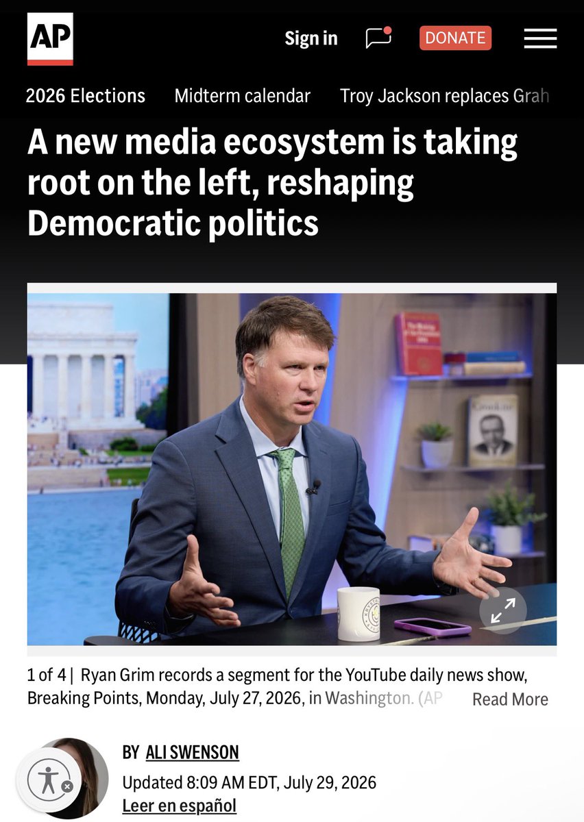 DropSiteNews's tweet photo. The Associated Press identified Drop Site News as a leading anti-establishment media platform in a new report highlighting how Drop Site and others are reshaping political coverage by helping progressive candidates bypass traditional media and reach audiences directly.

Read the full AP story at the link below, featuring comments from Ryan Grim, whom the outlet describes as “co-founder of Drop Site News and a veteran of online political debates.” ⤵️
