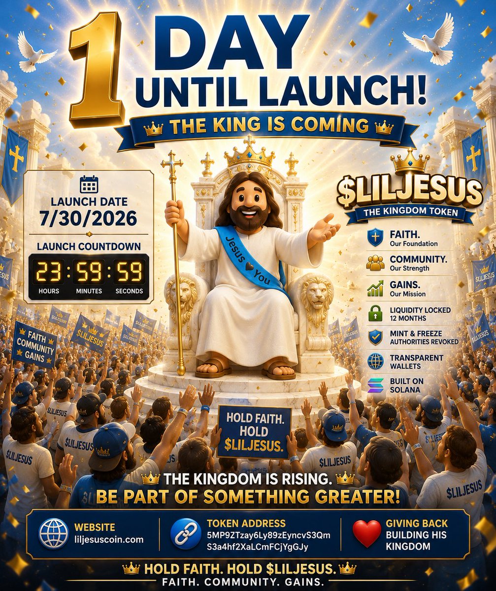 LilJesusCoin's tweet photo. 👑 THE KING IS COMING. 🚀

The countdown is almost over.
In 1 day, $LilJesus launches on Solana, and we couldn't be more excited to welcome everyone who has joined this journey.
What started as an idea inspired by Faith, Community, and Gains has grown into an amazing community, and tomorrow is just the beginning.

🙏 Thank you for believing in the vision. 🤝 Thank you for building with us. 🚀 Let's make launch day one to remember.

Launch Date: July 30, 2026 9PM EST

🌐 Website: https://t.co/wKwZjLu0Ly

📍 Token Address 5MP9ZTzay6Ly89zEyncvS3QmS3a4hf2XaLCmFCjYgGJy

Hold Faith. Hold $LilJesus.

#LilJesus #FaithCommunityGains #Solana #CryptoLaunch #KingdomToken #CryptoCommunity #WelcomeToTheFlock #BuiltOnFaith