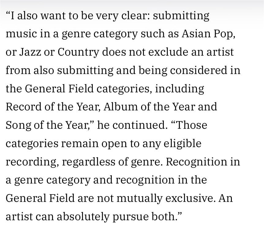 howtopavetheway's tweet photo. Grammy ceo’su açıklama yapmış bts’in bu kararı bizi üzdü ama bu onların seçimi saygı duyuyoruz demiş

Asya kategorileri hakkındaki mesele için de kendince düzeltme yapıyor biz bu kategorileri ayrıştırmak için değil Asyalı sanatçıları da öne çıkarmak için getirdik demiş kategoriyi duyurdukları zaman döşedikleri açıklamanın laciverti kısaca

ayrıca alt kategorilerin ana dallardan adaylık almayı engellemeyeceğini söylemiş bunu herkes biliyor zaten bts çoktan ana kategorilerde olası adayların arasındaydı hala problemi anlamamakta ısrar ediyorlar çabaları komik sadece 😭