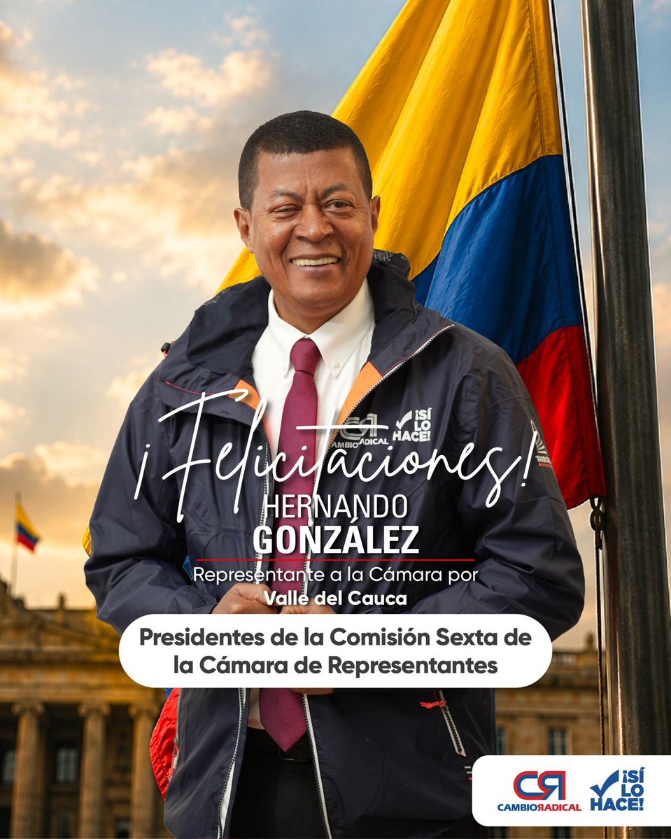 PCambioRadical's tweet photo. Felicitamos a nuestro representante a la Cámara por el Valle del Cauca, Hernando González, por su elección como Presidente de la Comisión Sexta de la Cámara de Representantes.

Le deseamos el mayor de los éxitos en esta importante responsabilidad, con la certeza de que su experiencia, compromiso y liderazgo contribuirán al fortalecimiento del trabajo legislativo y al desarrollo de iniciativas en beneficio de todos los colombianos.

¡Muchos éxitos en esta nueva etapa!