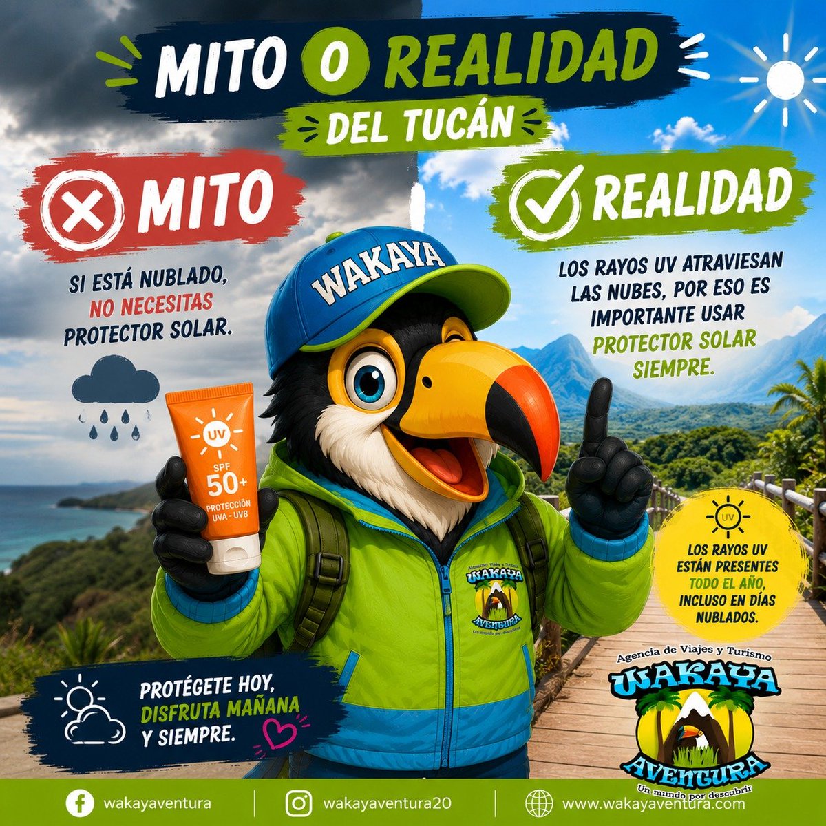 AventuraWakaya's tweet photo. 🦜 MITO O REALIDAD DEL TUCÁN

🌥️ ¿Crees que si el día está nublado no necesitas protector solar?

❌ ¡MITO!

Aunque no veas el sol, los rayos UV atraviesan las nubes y pueden afectar tu piel. https://t.co/bO5fhFe1MX