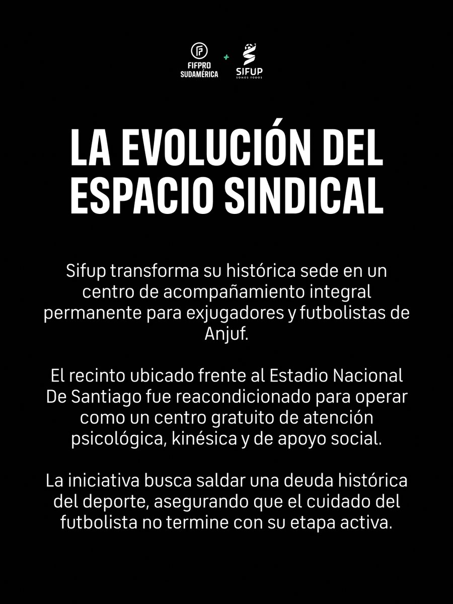 FIFProAmerica's tweet photo. La defensa gremial va más allá de la cancha 🇨🇱

@sifup entregó oficialmente la Casa del Bienestar a los exjugadores y @ANJUFChile. Un espacio gratuito y definitivo de contención psicológica, kinesiológica y gremial.

https://t.co/LnrzNptcDw

@fifpro @conmebol https://t.co/kwjW4H1Gdl