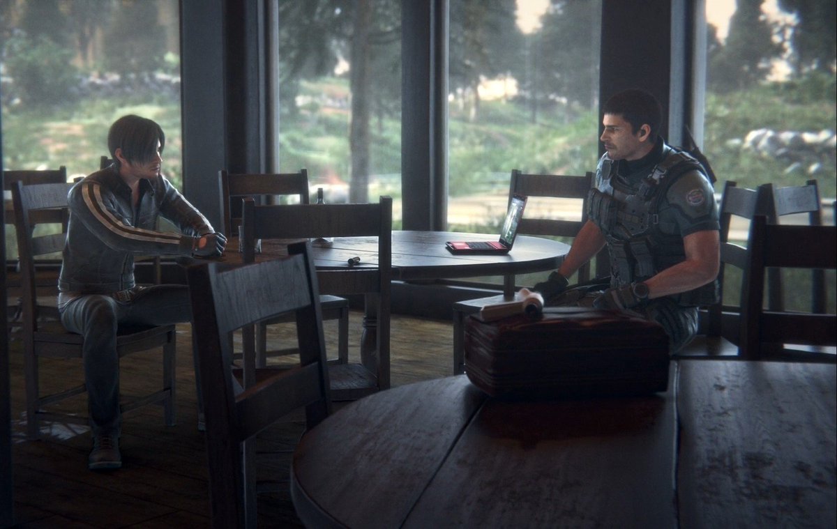 JlylLyth's tweet photo. In his conversation with Leon, Chris admitted that he desperately wanted to quit the BSAA after the events of the Lanshiang incident in China. However, he couldn't bring himself to do it because of Piers. Meanwhile, Leon was devastated by the loss of the President.
#REBHFun 
1/2 https://t.co/OKCGPPGI8m